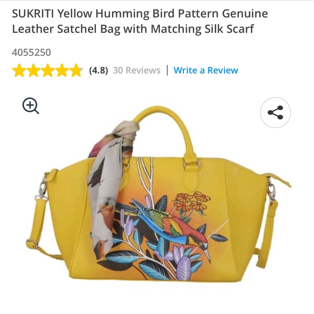 SUKRITI LEATHER YELLOW HUMMINGBIRD SATCHEL HANDPAINTED W/MATCHING SILK SCARF